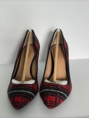 NEW INC International Concepts Red and Black Plaid Sequin Heels